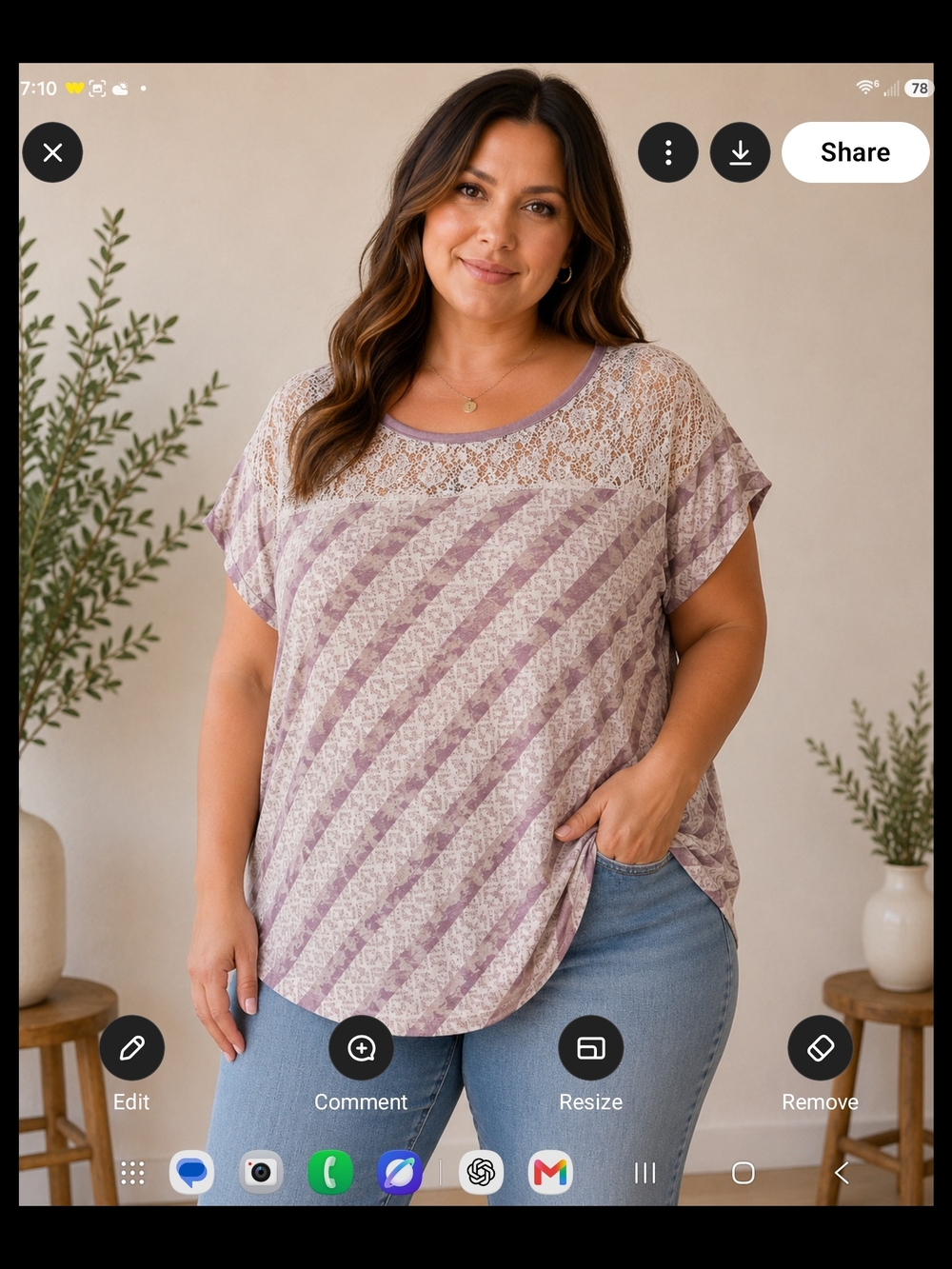 Plus Lace-Yoke Diagonal Stripe Tunic Top - Lavender